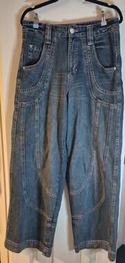 A.LAB 32" Mega Denim Star pockets Blue Jeans Women's 8 Super Baggy Rave